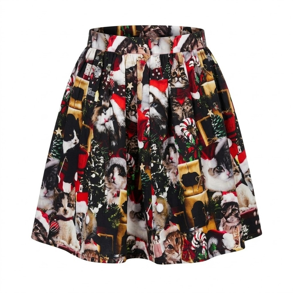 Modcloth Christmas Cats Skirt Small Black Holiday Festive Novelty Print Pleated